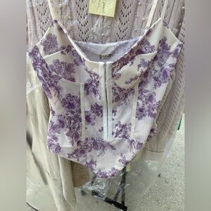 Free People Floral Print Purple and White Women's Bodysuit XL